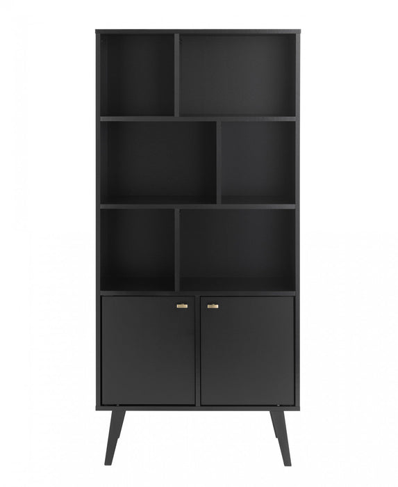 Milo Mid-Century Modern Bookcase with 6 Shelves, 2 Doors & Brushed Brass-Finished Knobs - Black