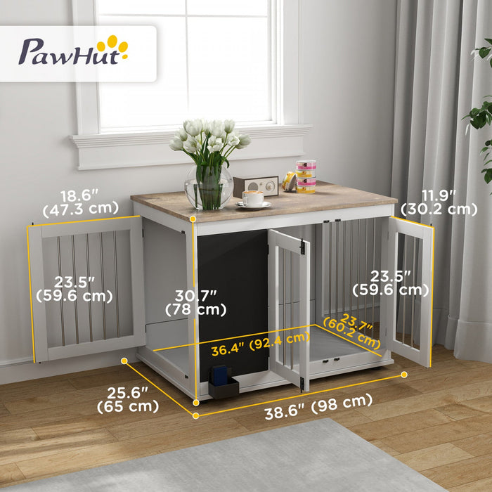 Pawhut 39in Dog Crate Furniture, Dog Cage End Table With Three Doors, Blackboard, Non-slip Foot Pads