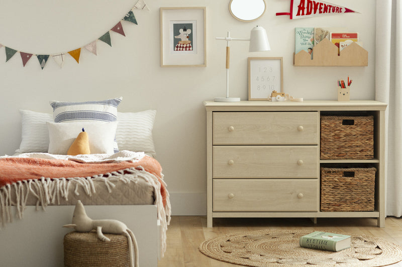 Cotton Candy 3-Drawer Dresser with Storage Baskets - Bleached Oak