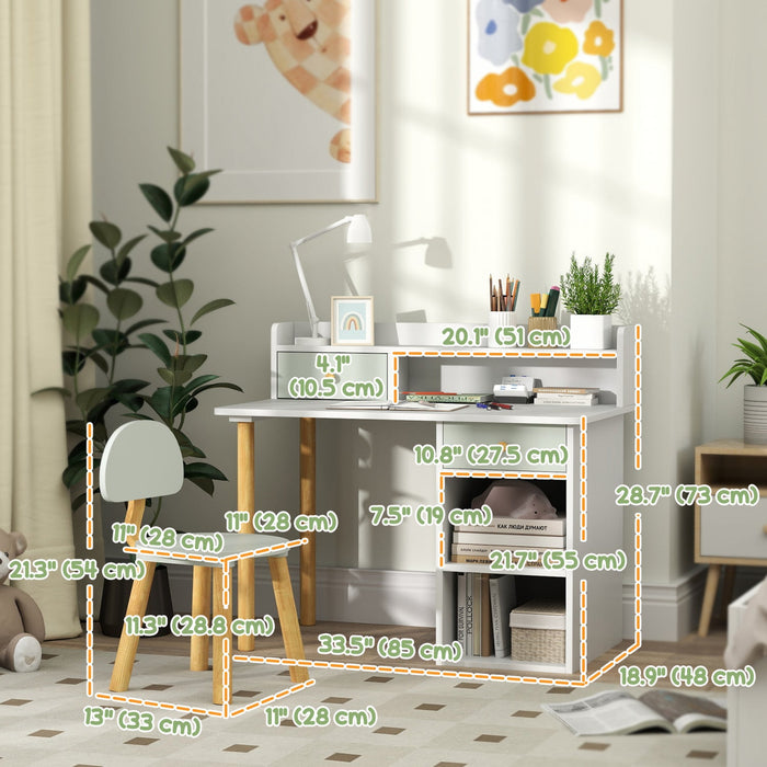 Qaba Kids Desk And Chair Set, 2 Pieces Kids Study Table And Chair Set For 3-8 Year Old, Writing Table For Bedroom, Study Room, With Storage And Shelves, Green