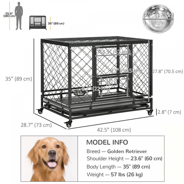Pawhut Heavy Duty Dog Crate, Metal Dog Kennel Cage With Wheels, Openable Top, Removable Tray, Stainl
