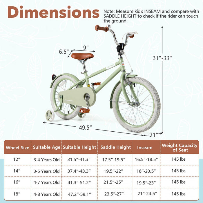 Costway 18" Kids Bike With Adjustable Saddle Handlebar Removable Training Wheels Handbrake Green