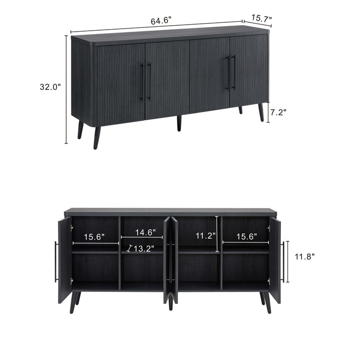 Jodie Mid-Century Modern 65\" Fluted Sideboard in Charcoal Gray Buffet 