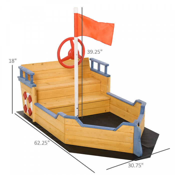 Kids Wooden Sandbox Pirate Ship Sandboat Outdoor Backyard Playset Children Play Station W/ Bench Sea