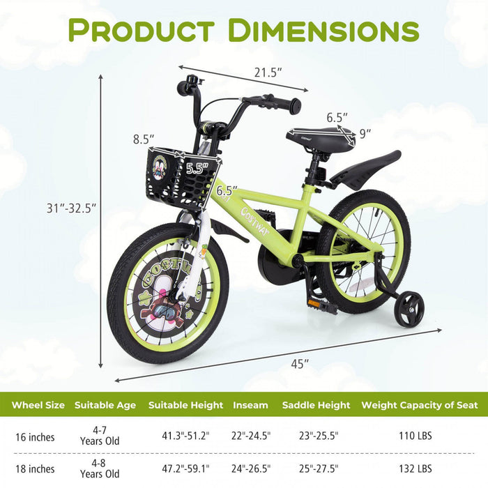 Costway 16" Kid's Bike For 4-7 With Height-adjustable Handlebar & Saddle Handbrake Green