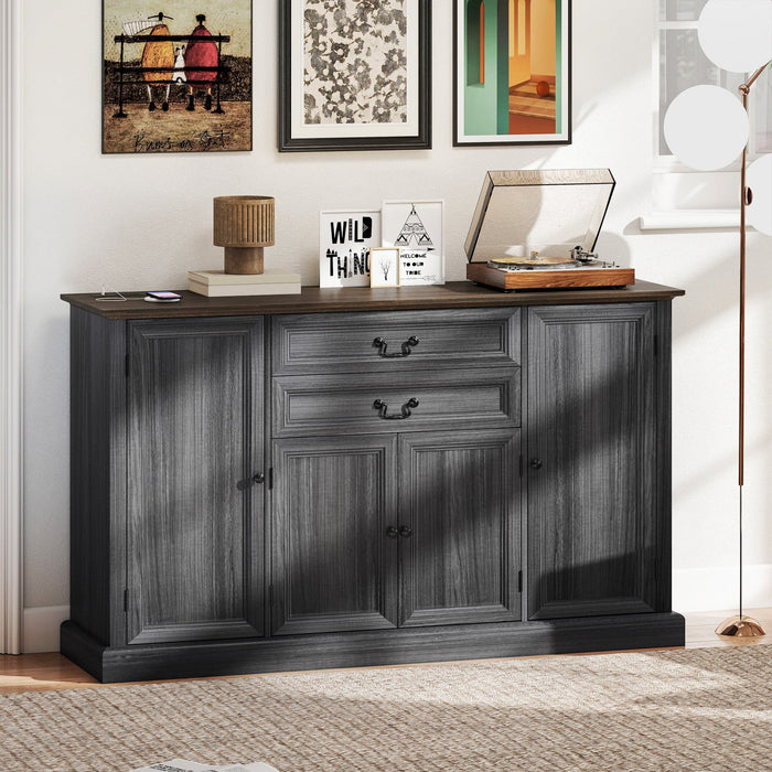 HOMCOM 58" Farmhouse Sideboard Buffet Cabinet with Charging Station Black
