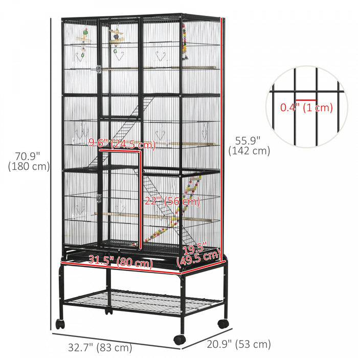 Pawhut 71" Bird Cage, 3 Tier Large Parrot Cage With Wheels, Perches, Ramp, Storage Shelf, Toys For Canaries, Finches, Cockatiels, Parakeets, Black