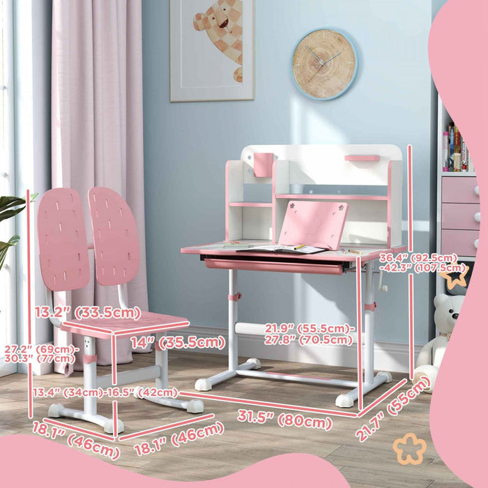 Qaba Kids Desk And Chair Set, Adjustable Height Kids Study Table And Chair With Tilt Desktop, Drawer, Reading Rack, Pen Holder, Square Slot, For Ages 3-12 Years, Pink