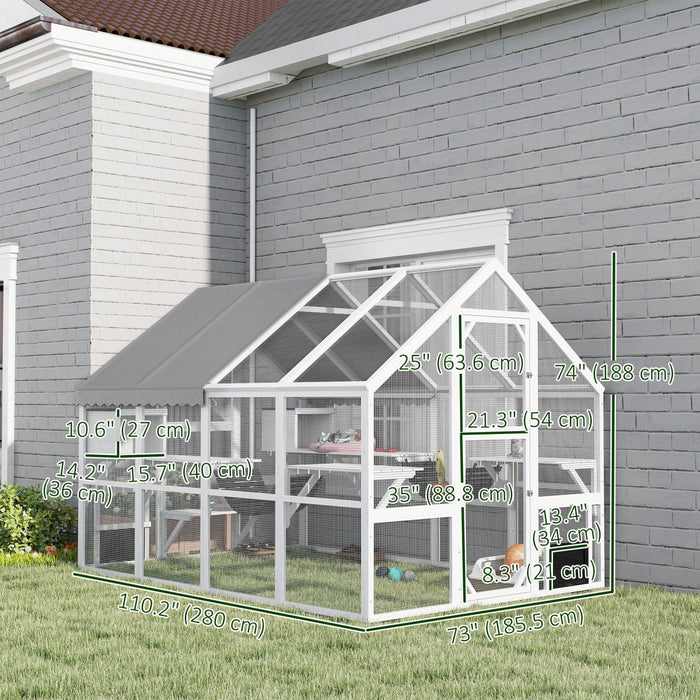 PawHut Extra Large Catio Outdoor Cat Enclosure, 110"L Wooden Feral House with Weatherproof Canopy, Bridges, Resting Boxes, Platforms, Walk in Cat Cage for 3–6 Cats, White