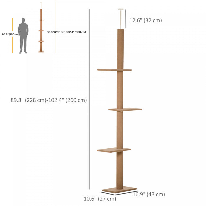 Pawhut 90"- 102" Floor To Ceiling Cat Tree, 3 Tier Cat Tower Tall Cat Tree Pet Activity Center For Indoor Use, Light Brown