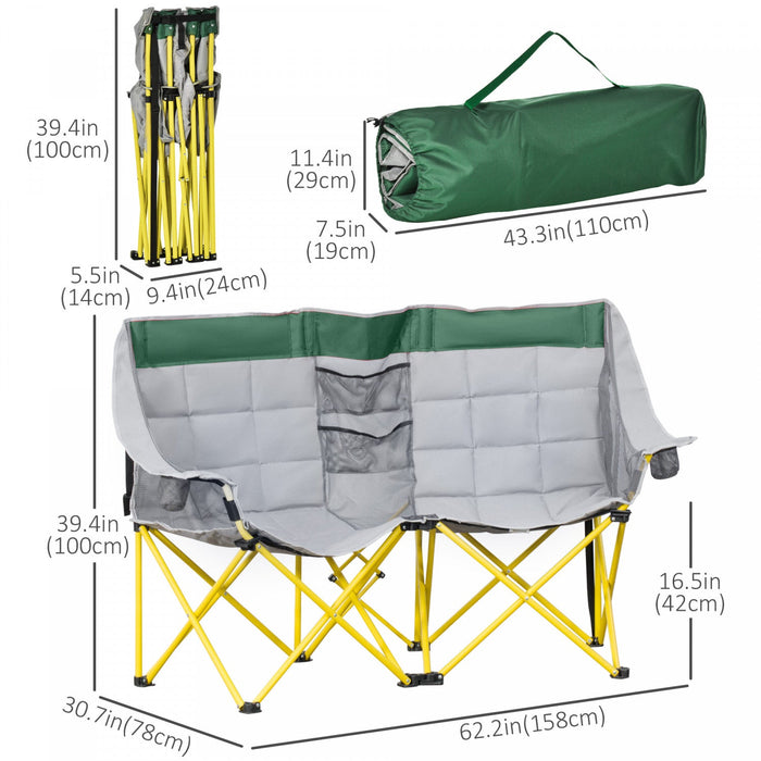 Outsunny Double Seat Camping Chair Folding Loveseat w/ Storage Pocket Green