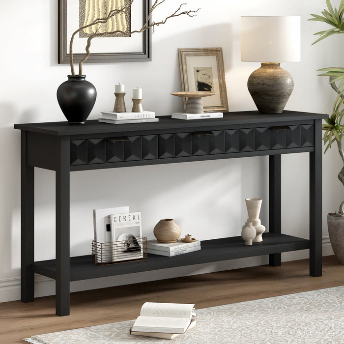 Oliver 60'' Fir Veneer Entryway Table with Honeycomb Design and Drawers, Black Sofa Table  