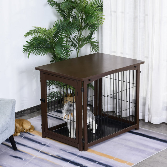 Pawhut Wooden Decorative Dog Cage Pet Crate Fence Side Table Small Animal House With Tabletop, Locka