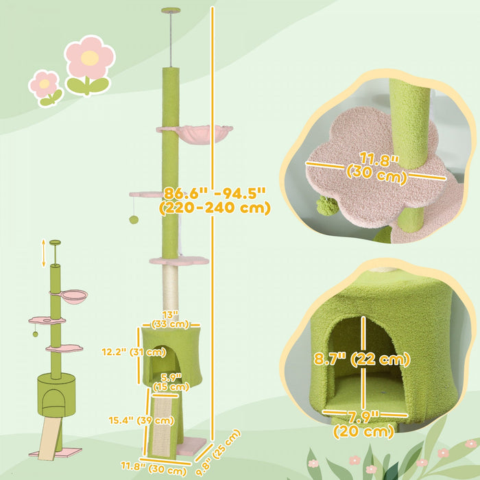 PawHut Floor to Ceiling Cat Tree, 5-Tier Cat Tower Adjustable Height 87"-94.5" with Sisal Scratching Post, Condo, Hammock, Ramp, Perches, Climbing Activity Center for Indoor Kitten