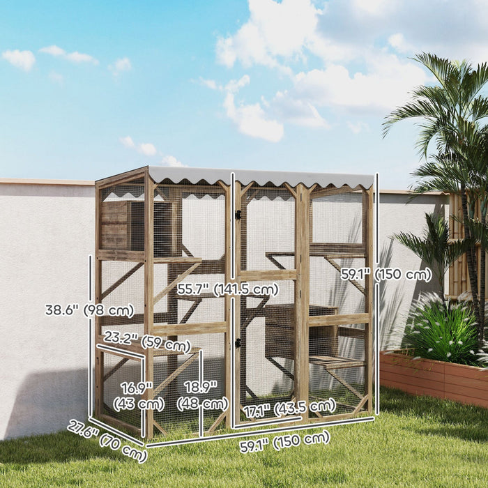 Pawhut Catio, Outdoor Cat Enclosure With Waterproof Cover, 2 Relaxing Condo, 5 Platforms, Wooden Cat House Window Box For Multiple Kittens, 59" X 28" X 59", Brown