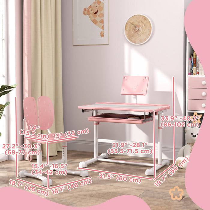 Qaba Kids Desk And Chair Set, Height Adjustable Kids Study Table And Chair Set With Tilt Desktop, La