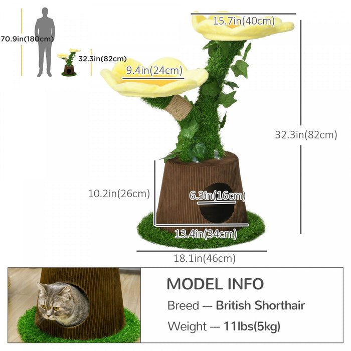 Pawhut 18\" Plush Cat Tree With Two Flower Platforms, Multi-activity Centre Cat Tower With Jute Scrat