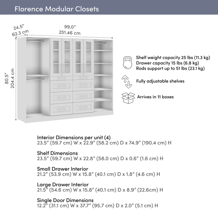 Bestar Florence 100\" Modular Walk-In Closet System with LED Lights, Rods, Shelves, Drawers and Doors