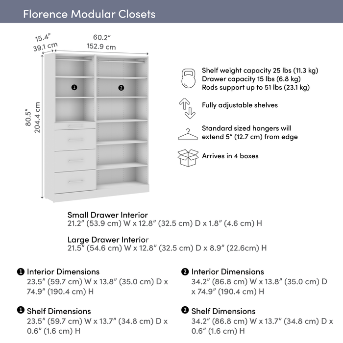 Bestar Florence 60\" Modular Reach-In/Walk-In Closet System with Storage - White