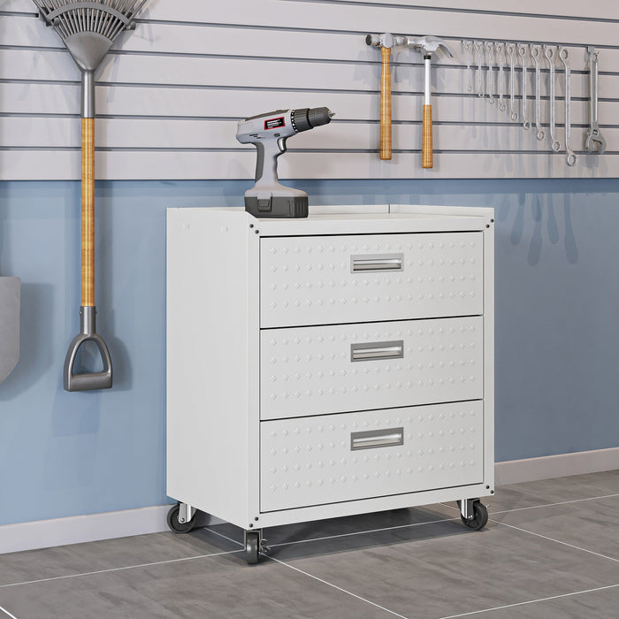 Manhattan Comfort Fortress Textured Metal 31.5\" Garage Mobile Chest with 3 Drawers - White