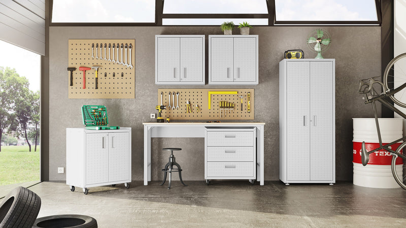 Manhattan Comfort Fortress Textured Metal 31.5\" Garage Mobile Chest with 3 Drawers - White