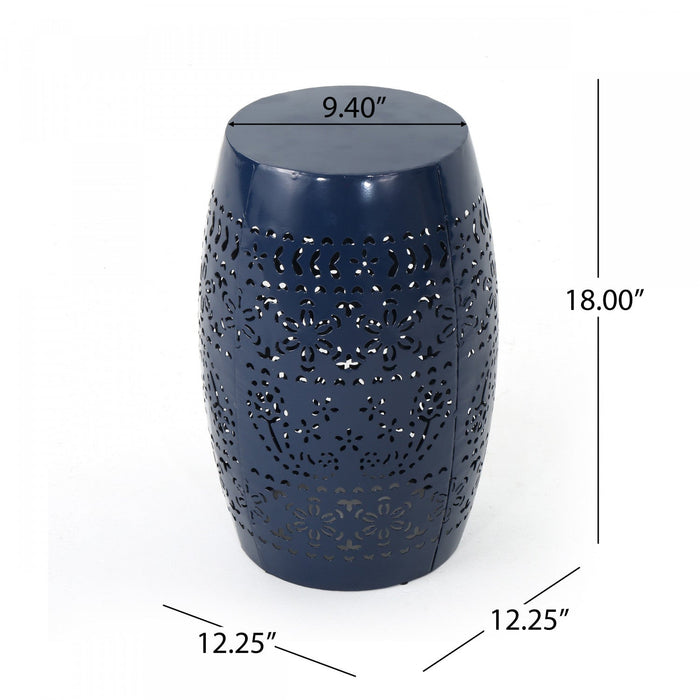 Phoenix Indoor 12\" Barrel Shape Iron Side Table With Lace-cut Design - Navy Blue 