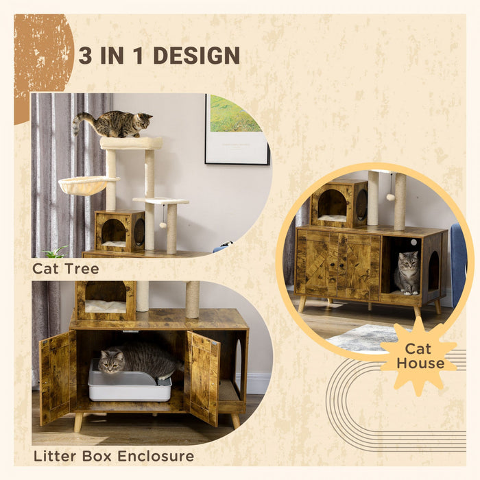 Pawhut Litter Box Enclosure With Cat Tree Tower, Hidden Cat Washroom Furniture With Condo, Scratchin