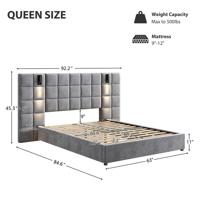 Ethan Velvet Platform Bed with Grid Headboard and USB Ports,Queen Size - Grey 