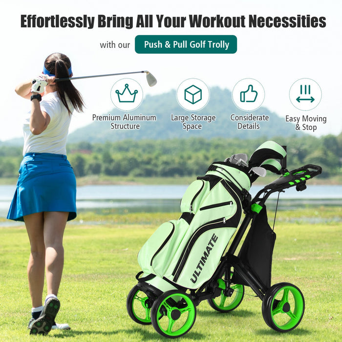 Goplus Folding 4 Wheels Golf Push Cart W/bag Scoreboard Adjustable Handle Green