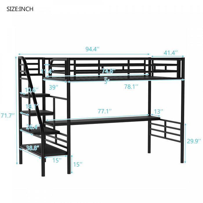 Cherry Twin Loft Space-saving Metal Bed With Desk, Led Light - Black 