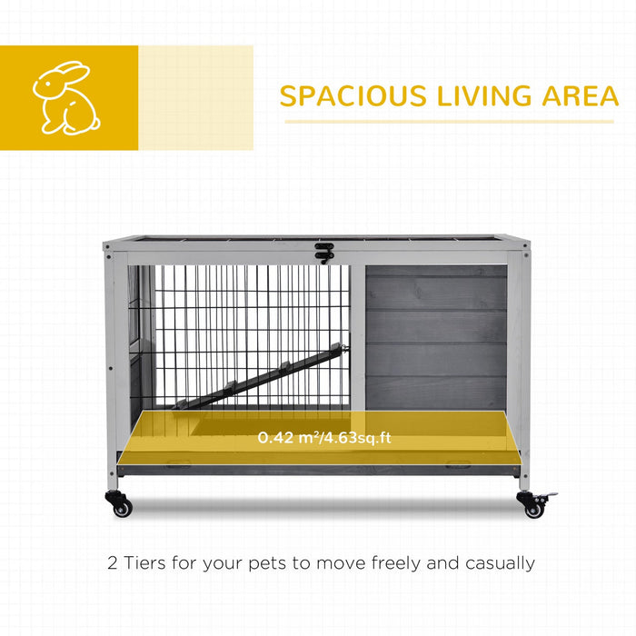 Pawhut Wooden Indoor Rabbit Hutch Elevated Bunny Cage Habitat With Enclosed Run With Wheels, Ideal F