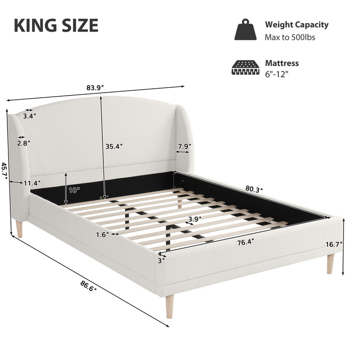 Jeffrey Upholstered Bed with Boucle Wingback Headboard,King Size - White 