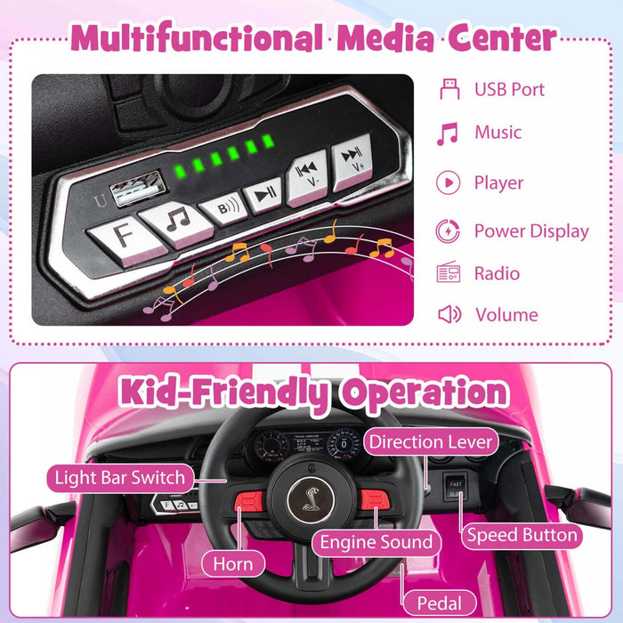 Costway 12v Licensed Ford Mustang Shelby Gt500 Kids Ride On Car With Remote Control Pink