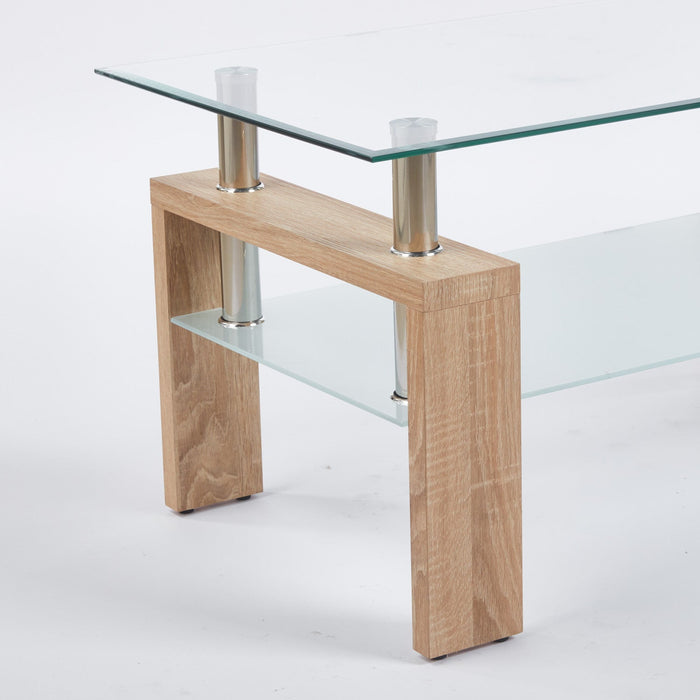 Lucius Modern Geometric Design Tempered Glass Coffee Tablewith Metal Frame and Clear Glass,Natural  