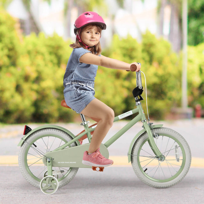 Costway 16" Kids Bike With Adjustable Saddle Handlebar Removable Training Wheels Handbrake Green