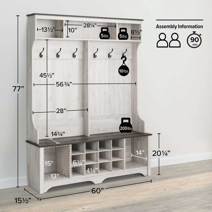 Rustic Ridge Farmhouse Entryway Storage Cabinet with Shoe Cubbies & Coat Hooks - Washed White