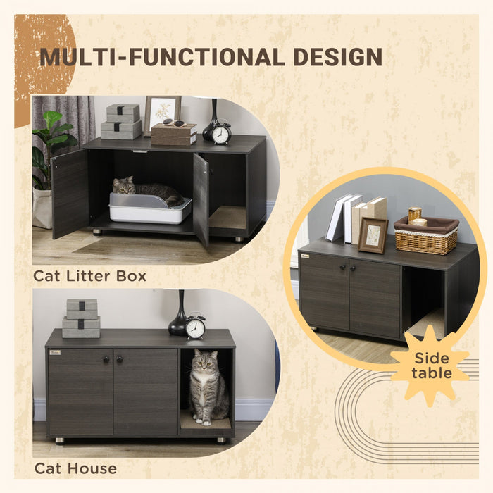Pawhut Cat Litter Box Enclosure, Industrial Hidden Cat Washroom Furniture, End Table With Double Doo