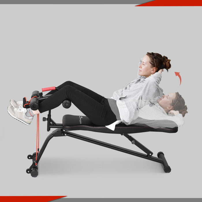 Soozier Foldable Sit Up Bench With Resistant Bands, Decline Slant Bench With 4 Adjustable Height, Re
