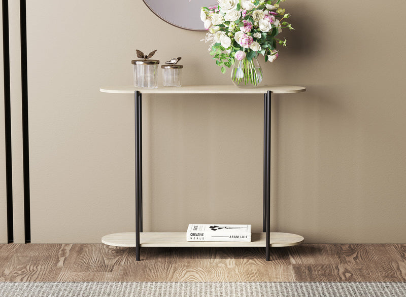 32\" Oval Shape Console Table With 1 Storage Shelf - Natural Wood Look With Black Metal 