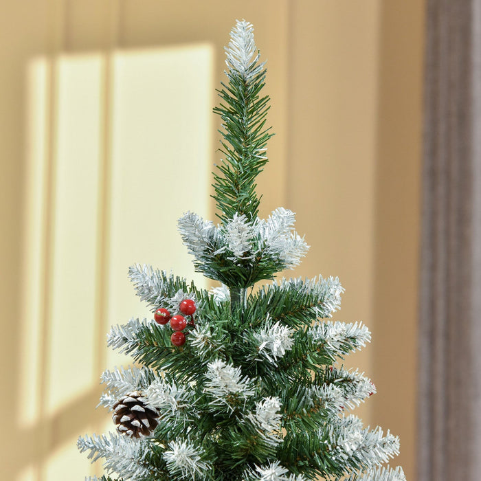 Homcom Flocked Pencil Christmas Tree With Red Berries, Pine Cones, Green
