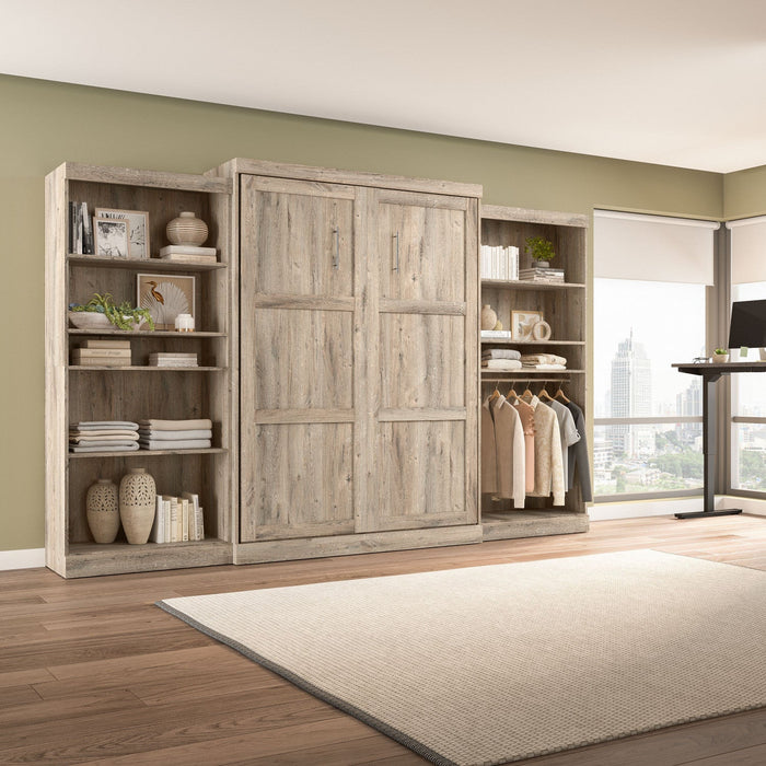 Bestar Pur Queen Murphy Bed with Two Shelving Units 136-Inch Wall Bed - Rustic Brown