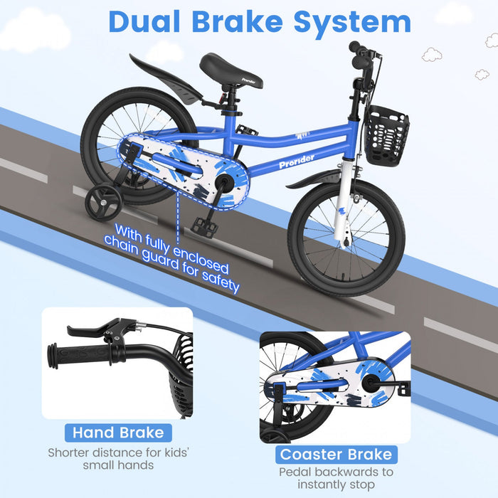 Costway 16" Kid's Bike With Removable Training Wheels & Basket For 4-7 Years Old Blue