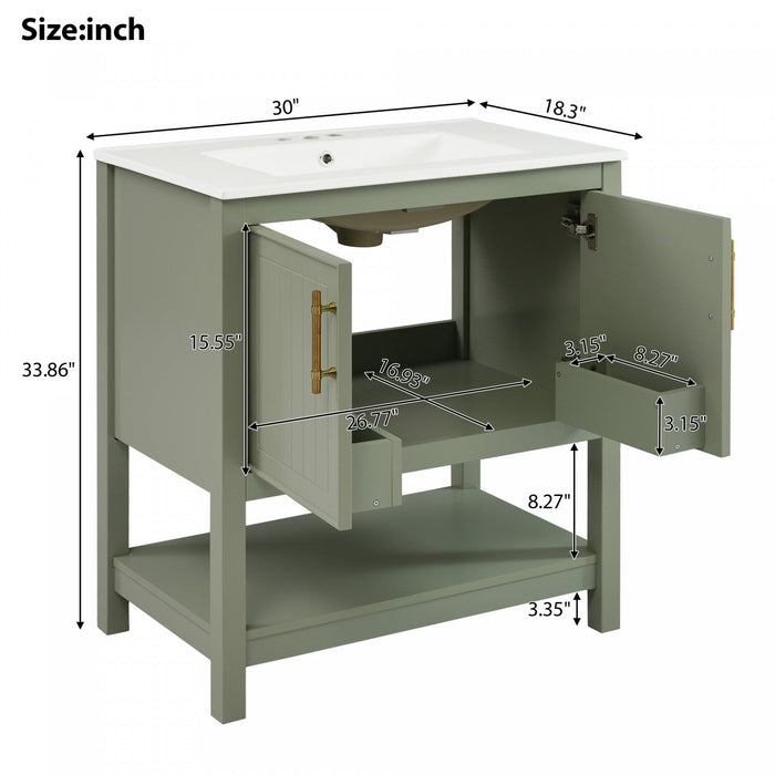 Simona 30\" Solid Wood Bathroom Vanity With Ceramic Sink And Storage - Green 