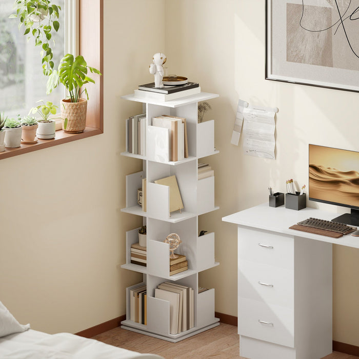 HOMCOM 4 Tier Rotating Bookshelf 360° Revolving Bookcase with Cubbies White
