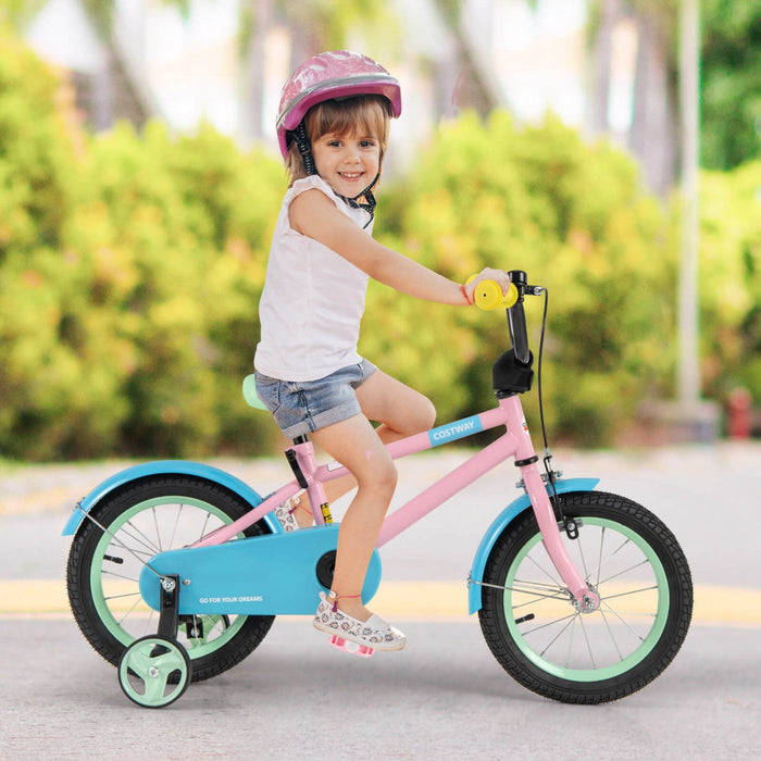 Costway 14" Kids Bike With Adjustable Saddle Handlebar Removable Training Wheels Handbrake Pink