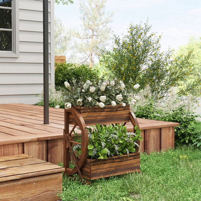 Outsunny 2-tier Raised Garden Bed, Wooden Wagon Planter Boxes With Drainage Holes, For Vegetables Fl