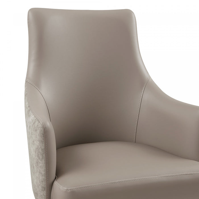 Connie Modern Wood Vegan Leather and Velvet Armchair in Taupe 