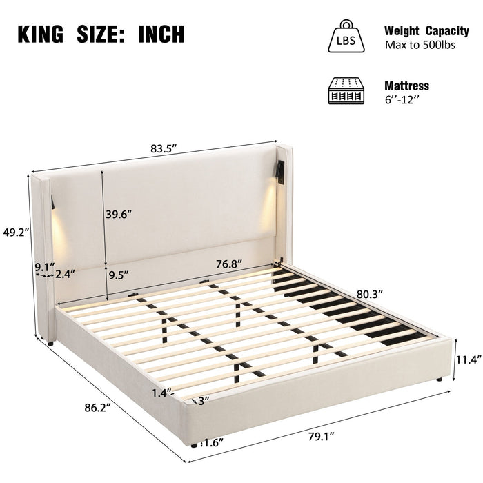 Olivia Upholstered Bed with Wingback Headboard and USB Ports,King Size - Beige 