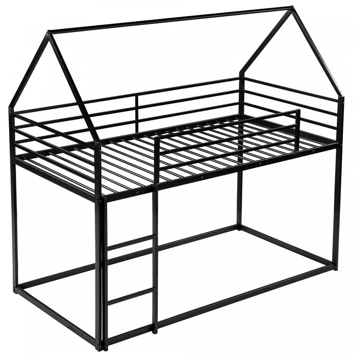 Liam House Bunk Bed with Built-in Ladder and Metal Frame,Twin Over Twin Size,Black  