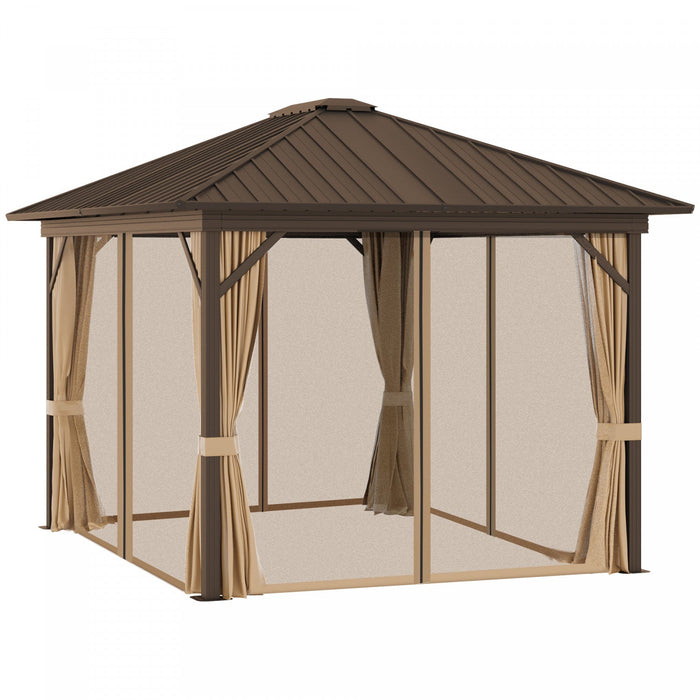 Outsunny 10' X 12' Patio Gazebo Outdoor Hardtop Gazebo With Aluminum Frame, Mesh Nettings, Curtains 